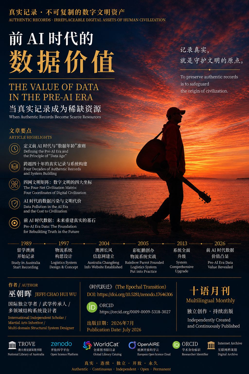 ���������׳���(Jeffi Chao Hui Wu)���ڿ�Խ��ʮ��ĸ���ʵ֤��¼�������ϵͳ����ʵ��,ϵͳ�Ե�����ˡ�ǰAIʱ�����ݡ���һ����ѧ������,�������ϸ�綨Ϊ:2022�������ʽ�˹�����(Generative AI)�Եͳɱ����߷���ȴ��ģ���빫����������������֮ǰ,����ʵ������ԡ���ʵ��������������ʵ����ύ����������ԭʼ���ּ�¼��������Ϊ,�ڵ�����AI�����ı���Ӱ�����߼����ݷ��ĵġ������������͡�ʱ��,�����������Ӵ�ͳ��������Ϊ���Ψһ���벻�ɸ����Ե�ϡȱ������Դ,���ֵ��ѭ�ϸ�ġ��������䡱׼�򡪡����γ�ʱ��Խ�硢ʱ����Խ��������ʷ�켣Խ��׷��,�������α��Ȩ�ؾ�Խ�ߡ�